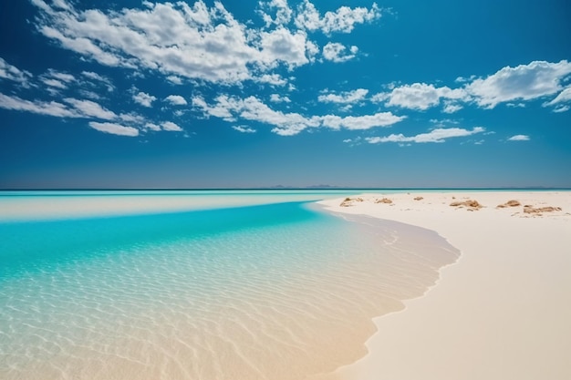 Una spiaggia sabbiosa con acqua cristallina sotto un cielo blu