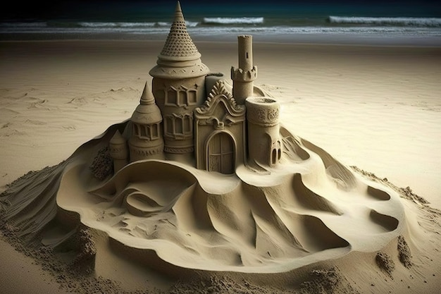 Una spiaggia sabbiosa con un castello di sabbia splendidamente realizzato in primo piano Il castello di sabbia è intricato e dettagliato con pareti e archi di torrette Generative of AI