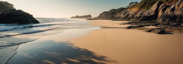 Una spiaggia serena con dolci onde che lambiscono la riva Banner orizzontale generato dall'intelligenza artificiale