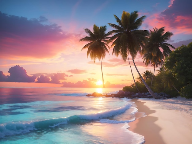 Una spiaggia tranquilla con palme, acque cristalline e un tramonto colorato