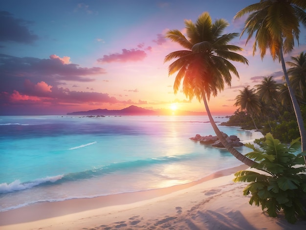 Una spiaggia tranquilla con palme, acque cristalline e un tramonto colorato