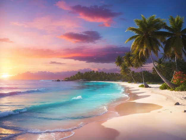 Una spiaggia tranquilla con palme, acque cristalline e un tramonto colorato