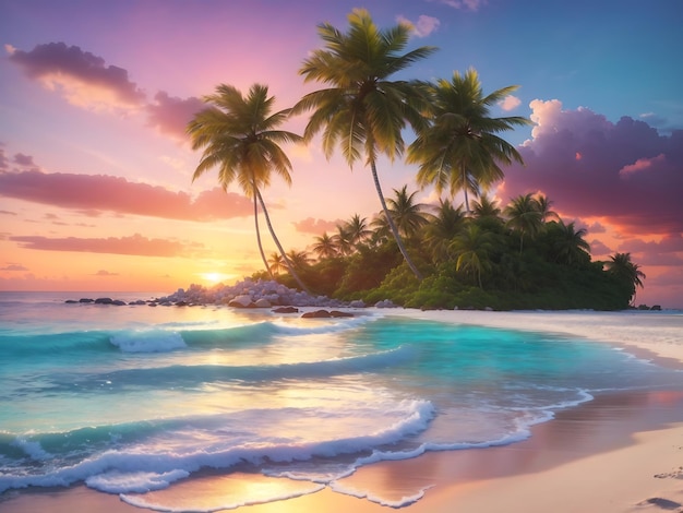 Una spiaggia tranquilla con palme, acque cristalline e un tramonto colorato