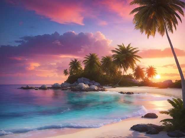 Una spiaggia tranquilla con palme, acque cristalline e un tramonto colorato