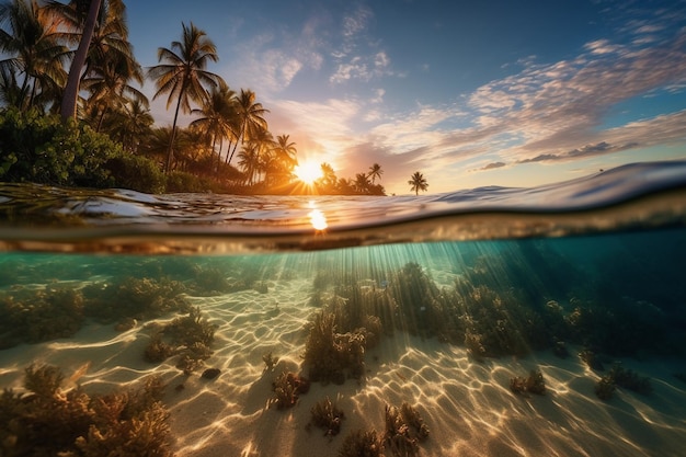 Una spiaggia tropicale con palme e il sole che splende attraverso l'acqua