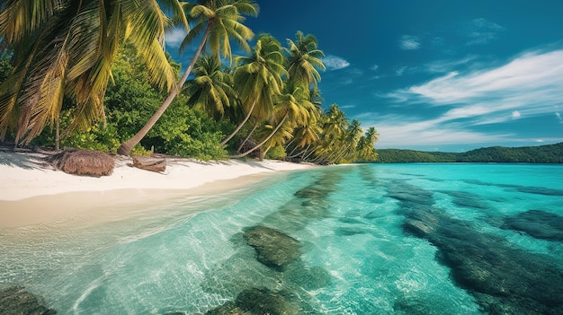 Una spiaggia tropicale con palme e un cielo blu