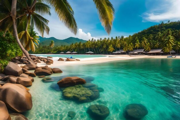 Una spiaggia tropicale con rocce e palme