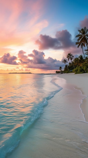 Una spiaggia tropicale con un tramonto sullo sfondo