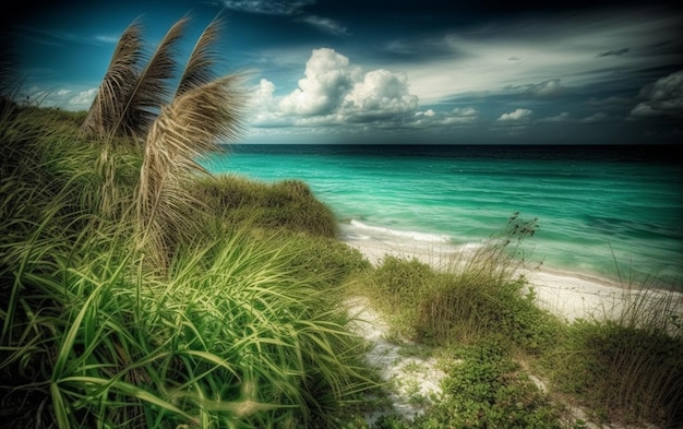 Una spiaggia verde con l'oceano sullo sfondo