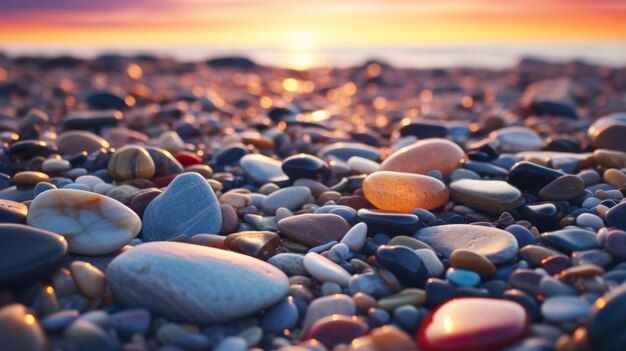 Una spiaggia vivace e colorata ricoperta da una varietà di rocce uniche e diverse