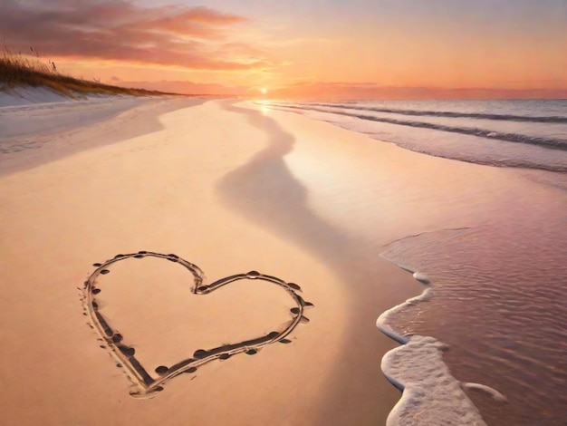 Una spiaggia vuota al tramonto con una palette di colori romantici e caldi le impronte nella sabbia portano verso un cuore disegnato sulla riva