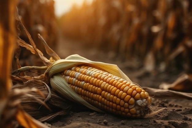 Una spiga di grano si trova in un campo.