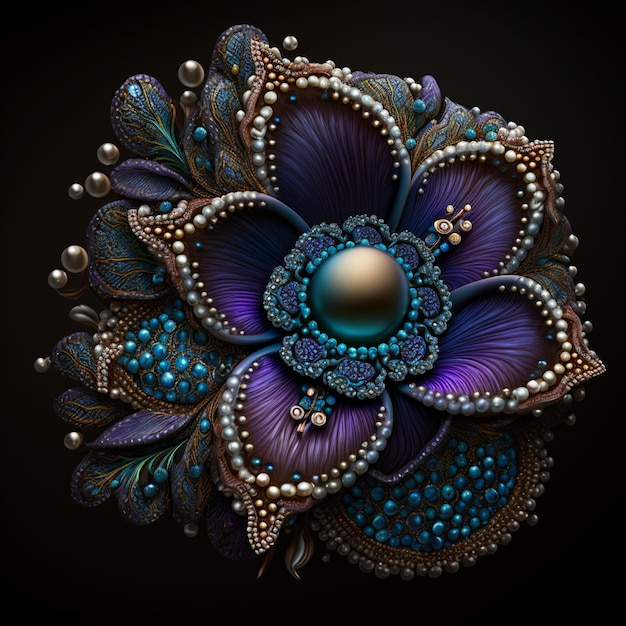 Una spilla a fiore colorato con una perla e perline blu.
