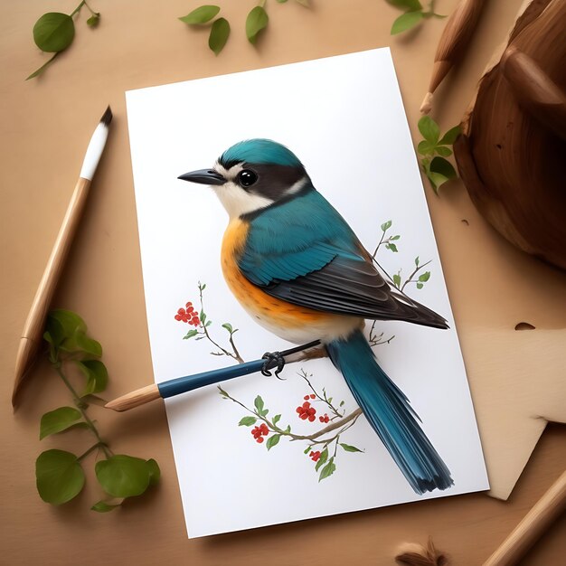 Una splendida cartolina disegnata con un pennello e in cui vedi un uccellino