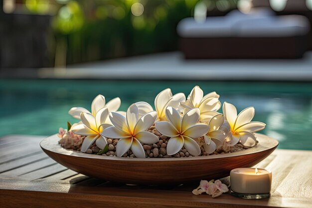 Una splendida composizione di fiori di plumeria adorna un tavolo di legno in un ambiente spa sereno Ampia camera