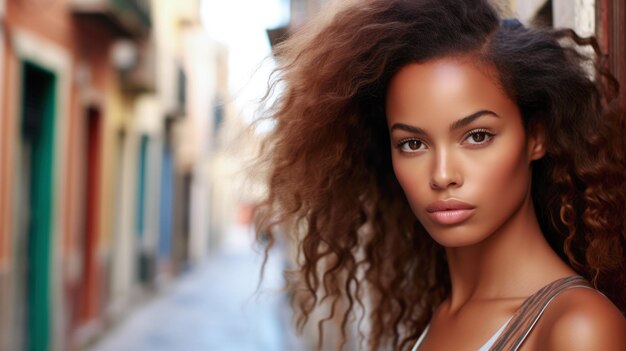 Una splendida donna afroamericana urban chic con i capelli ricci.