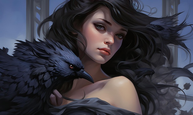 Una splendida donna anime in nero accompagnata da un design corvo