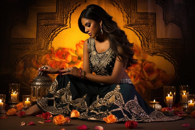 Una splendida donna araba bruna in abiti tradizionali in stile boudoir.