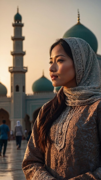 Una splendida donna asiatica adornata e in piedi di fronte a una moschea splendidamente dettagliata