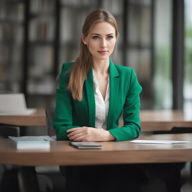 Una splendida donna d'affari vestita di verde trasuda fiducia e fascino.