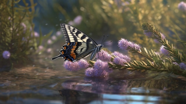 Una splendida farfalla appollaiata delicatamente tra la vegetazione lussureggiante dei cespugli IA generativa
