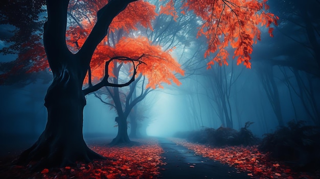 Una splendida foresta da sogno nella nebbia blu autunnale un ambiente vibrante con alberi magici fogliame arancione paesaggio IA generativa