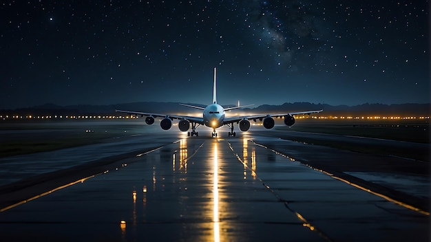 Una splendida foto notturna di un aereo che scende verso la pista Le luci della pista