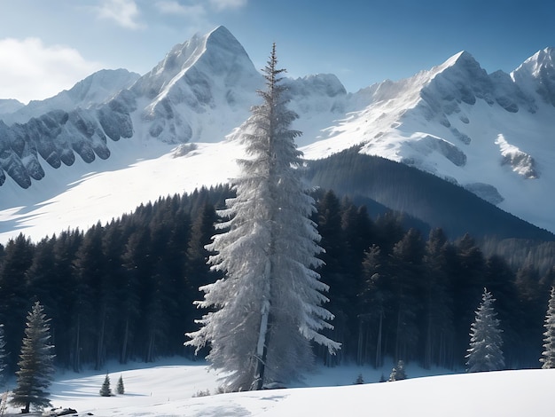 Una splendida foto paesaggistica di una bella montagna bianca con una foresta di alberi sempreverdi alla sua base