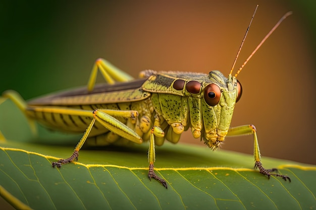 Una splendida fotografia di una cavalletta verde appoggiata su una foglia con colori vivaci e dettagli nitidi Generata dall'intelligenza artificiale