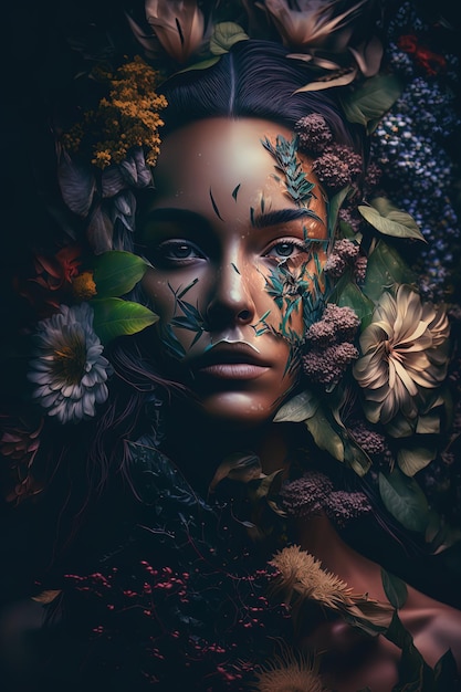 Una splendida giovane donna con una serie di piante e fiori che adornano il suo viso AIGenerated