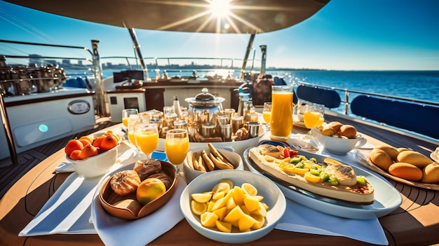 Una splendida immagine di un brunch con champagne su uno yacht privato che evoca un senso di opulenza, divertimento e vita di alto livello