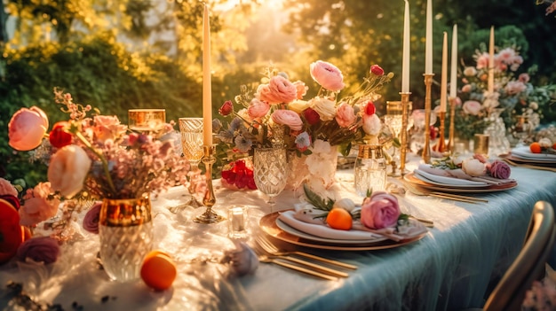 Una splendida immagine di un'esclusiva sala da pranzo estiva all'aperto che mostra una squisita tavola apparecchiata e un ambiente incantevole