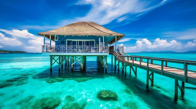 Una splendida immagine di un sontuoso bungalow con vista sull'oceano che offre un santuario estivo straordinario ed esclusivo