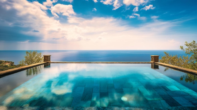 Una splendida immagine di una lussuosa piscina a sfioro che si fonde magistralmente con l'orizzonte dell'oceano per l'ultima fuga estiva