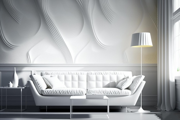 Una splendida immagine di una stanza con decorazioni Pantone bianche e mobili di tendenza