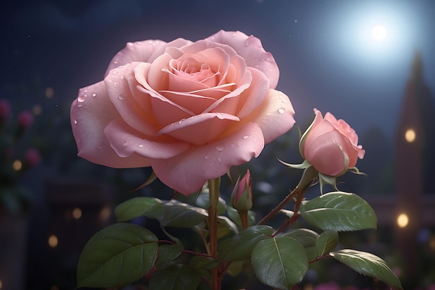 Una splendida immagine HD di una rosa illuminata dalla morbida luce eterea della luna