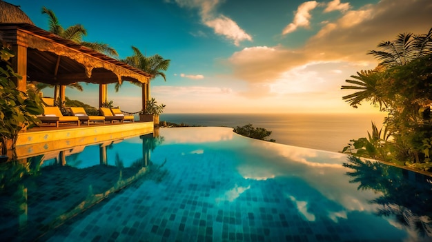 Una splendida immagine invitante di un ritiro estivo di alto livello con una bellissima piscina a sfioro e uno sfondo tropicale