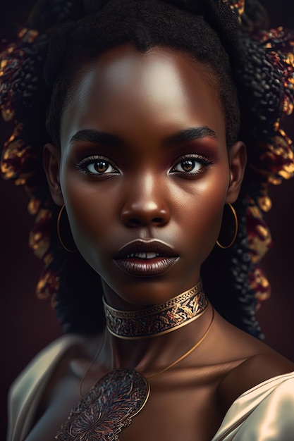 Una splendida modella africana che indossa abiti tradizionali africani con un famoso punto di riferimento africano come sfondo Generato dall'IA