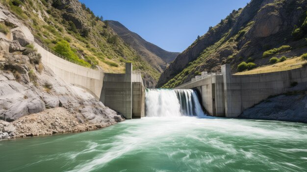 Una splendida ripresa aerea dell'acqua che scorre attraverso gli sbocchi di una diga idroelettrica che esemplifica l'immenso potenziale della generazione di energia pulita