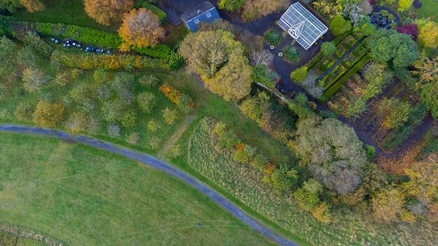 Una splendida ripresa aerea su lussureggianti campi verdi e prati nelle regioni centrali dell'Irlanda