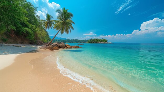 Una splendida spiaggia con sabbia dorata, acque cristalline e palme.