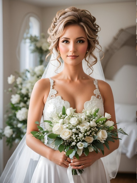 Una splendida sposa con un abito da sposa bianco, un bouquet di fiori primaverili tra le mani