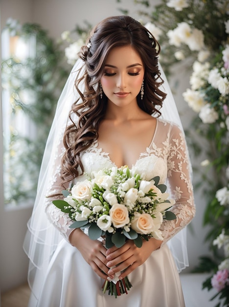 Una splendida sposa con un abito da sposa bianco, un bouquet di fiori primaverili tra le mani