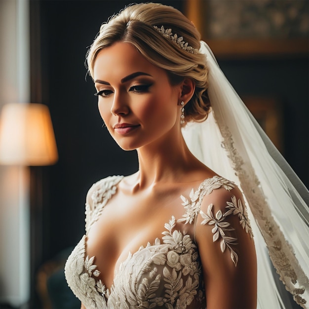 Una splendida sposa con un velo e un velo sopra