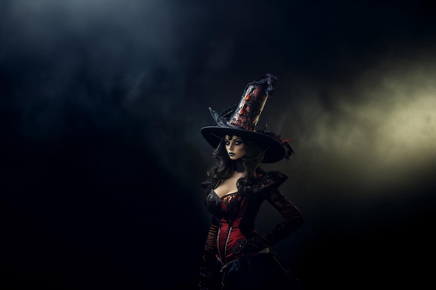 Una splendida strega in un elegante abito nero e rosso con un cappello da strega e un trucco sorprendente aggiunge fascino a questo ritratto di Halloween con fumo illuminato