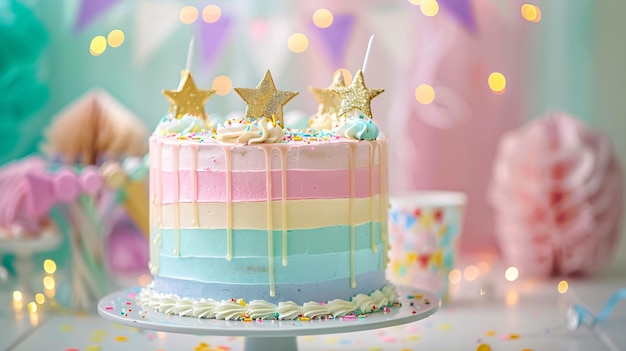 Una splendida torta multicolore adornata con bandiere festive e decorazioni di stelle dorate