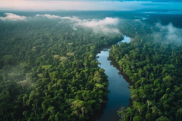 Una splendida vista aerea della lussureggiante foresta amazzonica al crepuscolo che vi invita ad esplorare