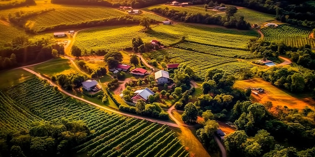 Una splendida vista aerea di un vigneto in piena fioritura con file di viti ben allineate, fogliame verde vibrante e una cantina annidata in mezzo alla bellezza paesaggistica.