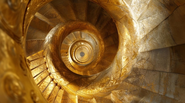 Una splendida vista dall'alto verso il basso di una scala a spirale che irradia una tonalità dorata che ne migliora la grandezza