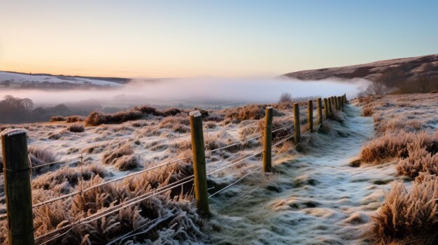 Una splendida vista mattutina del ghiacciaio e della recinzione di pietra sulle brughiere inglesi